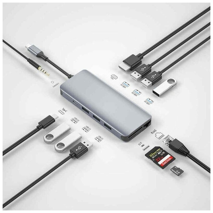 Переходник Хаб WiWU Alpha 12 in 1 USB3.0x3+USB2.0x3+HDMI+RJ45+SD+TF+3.5mm Audio+PD