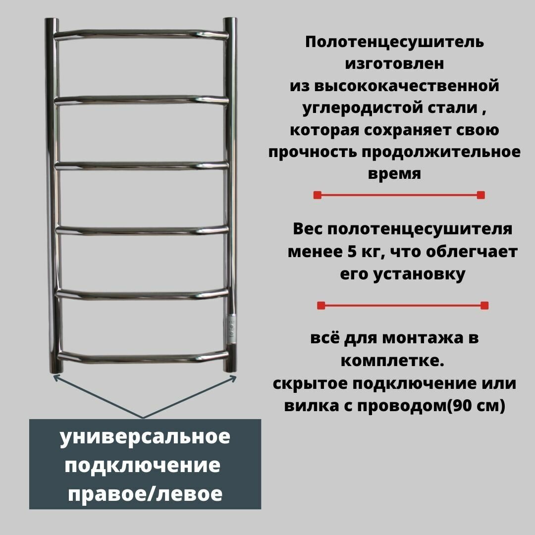 комплект полотенцесушитель электрический Status ПЭК сп 6 ВГП 80 на 40 без полки+крючки, хром, универсальное подключение, таймер - фотография № 2