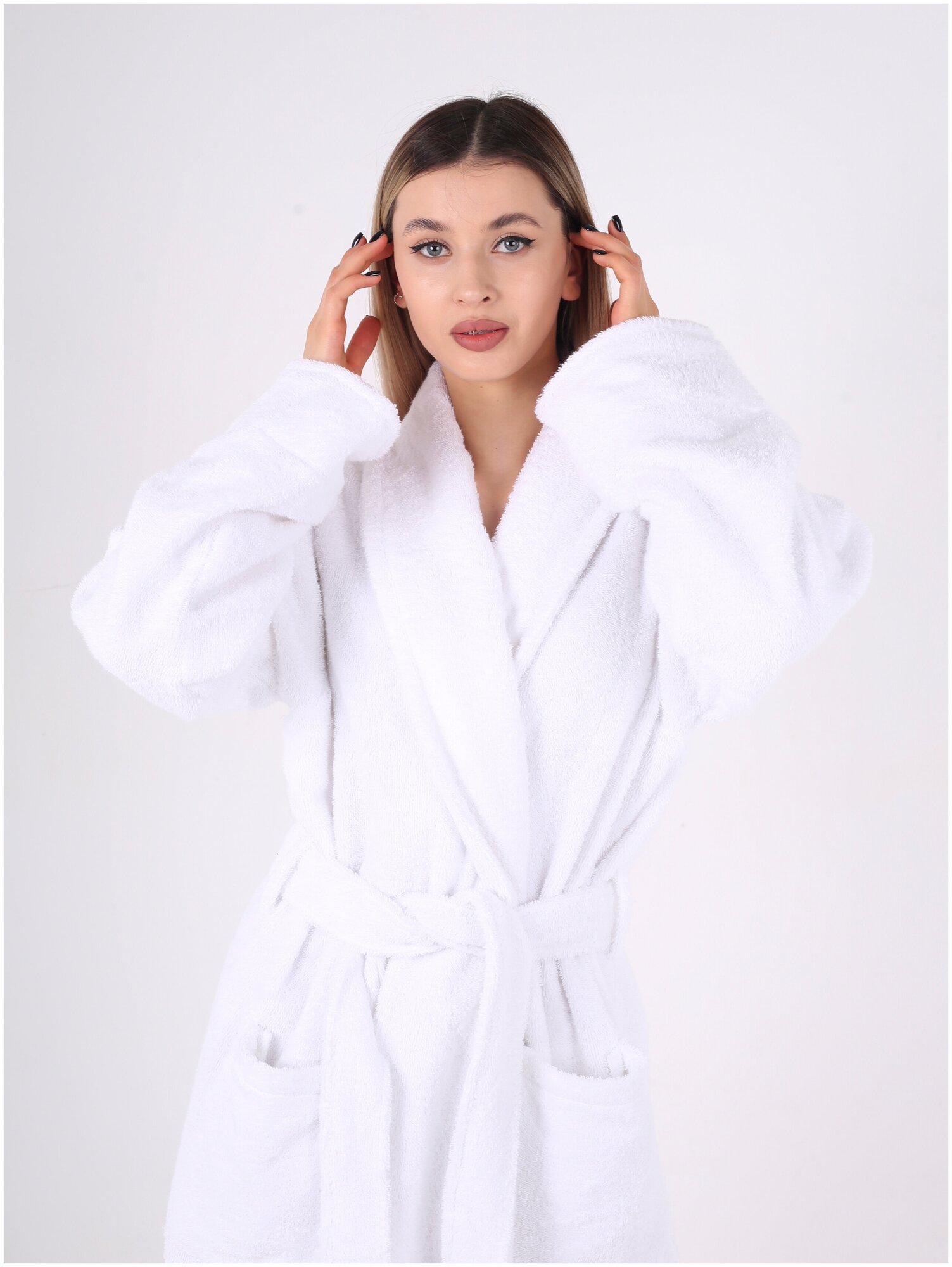 Женский махровый цвет белый халат с шалькой Veve home textile белый - фотография № 9