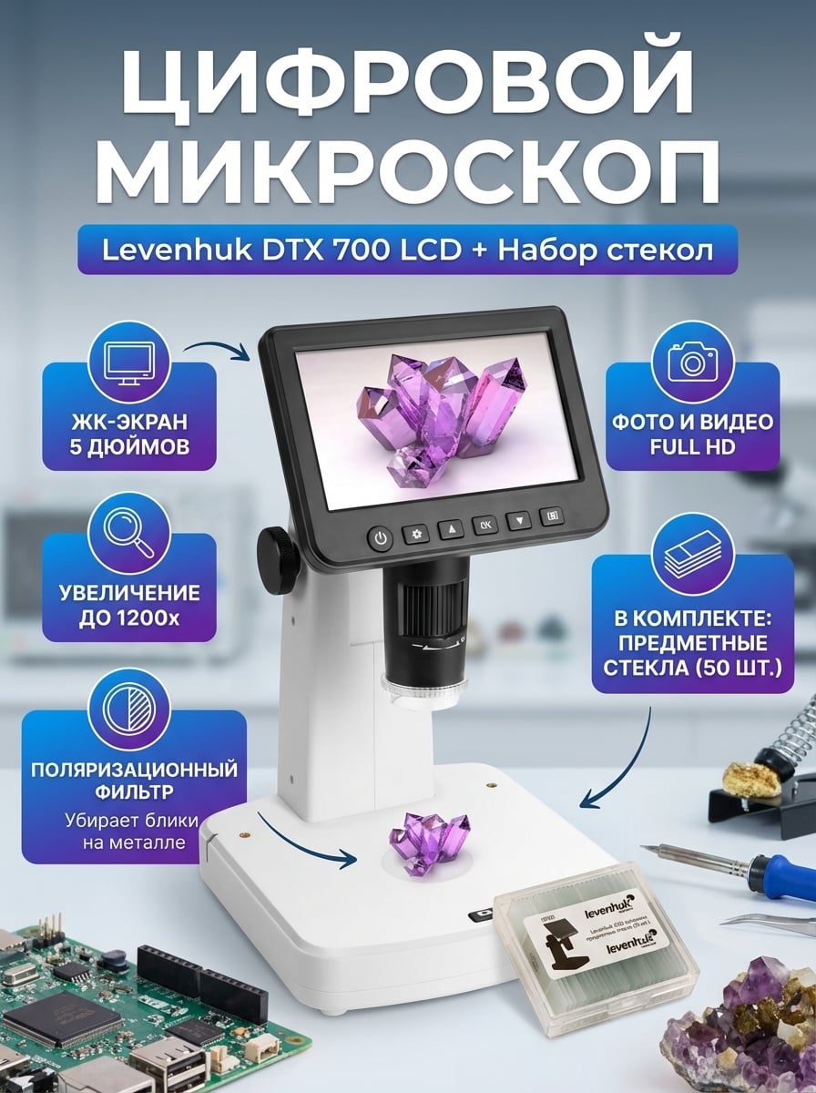 Микроскоп цифровой Levenhuk DTX 700 LCD в комплекте с предметными стеклами Levenhuk G50, 50 шт.