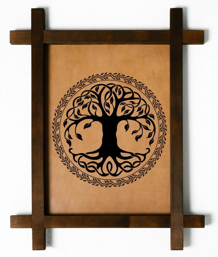 Картина "Абстракция дерево", интерьерная для украшения и декора на стену в деревянной раме, подарок, натуральная кожа, BoomGift