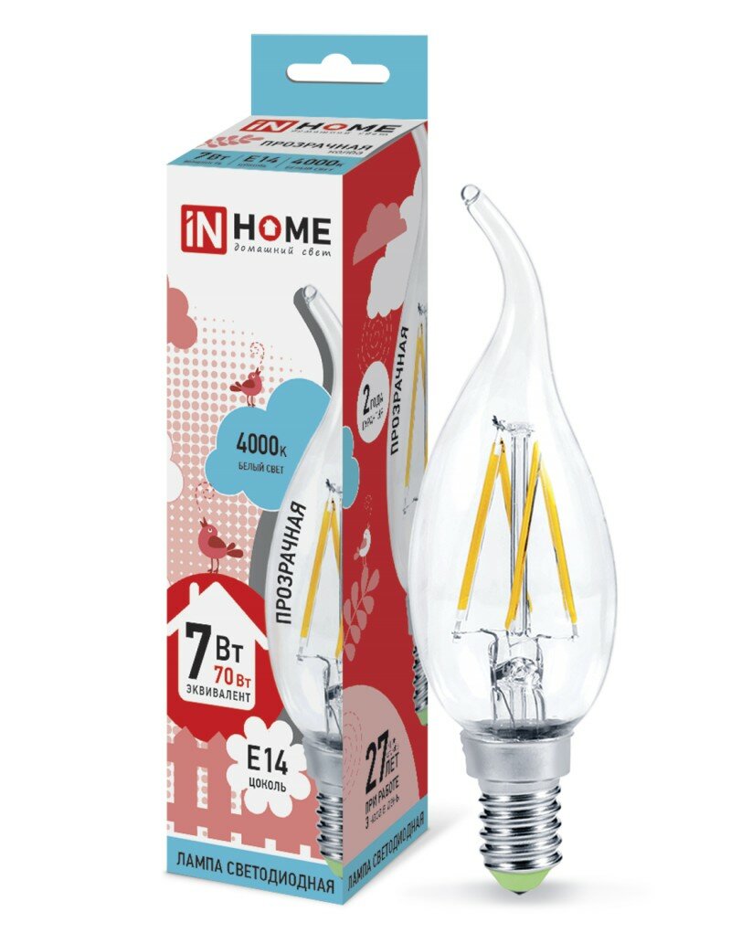 Лампа светодиодная LED-свеча на ветру-deco 7Вт 230В Е14 4000К 630Лм прозрачная IN HOME 4690612007670