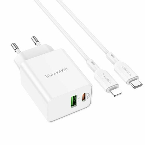 Зарядное устройство BOROFONE BA69A Resource, кабель Lightning, 1xUSB-A, 1хType-C, PD20W, white комплект зар устр hama h 183317 3a pd для apple кабель apple lightning type c белый 00183317