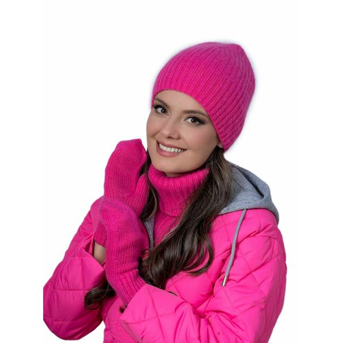 фото Шапка бини landre зимняя, ангора, вязаная, размер 56-59 см, розовый, красный