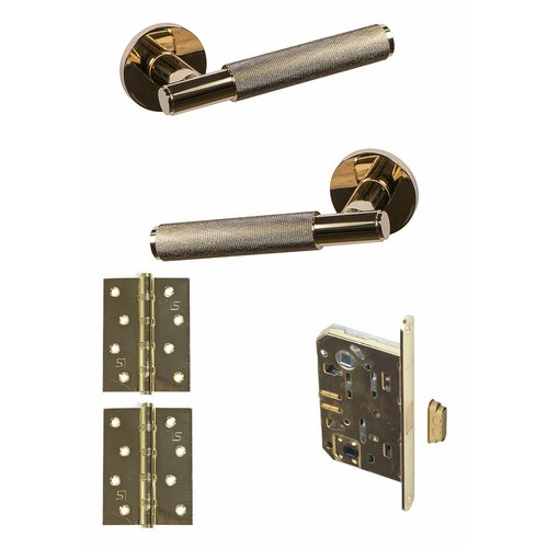 Комплект для межкомнатных дверей / Ручки дверные Кайлос матовое золото/полированное золото (2шт) +замок сантехнический магнитный + петли врезные (2шт)