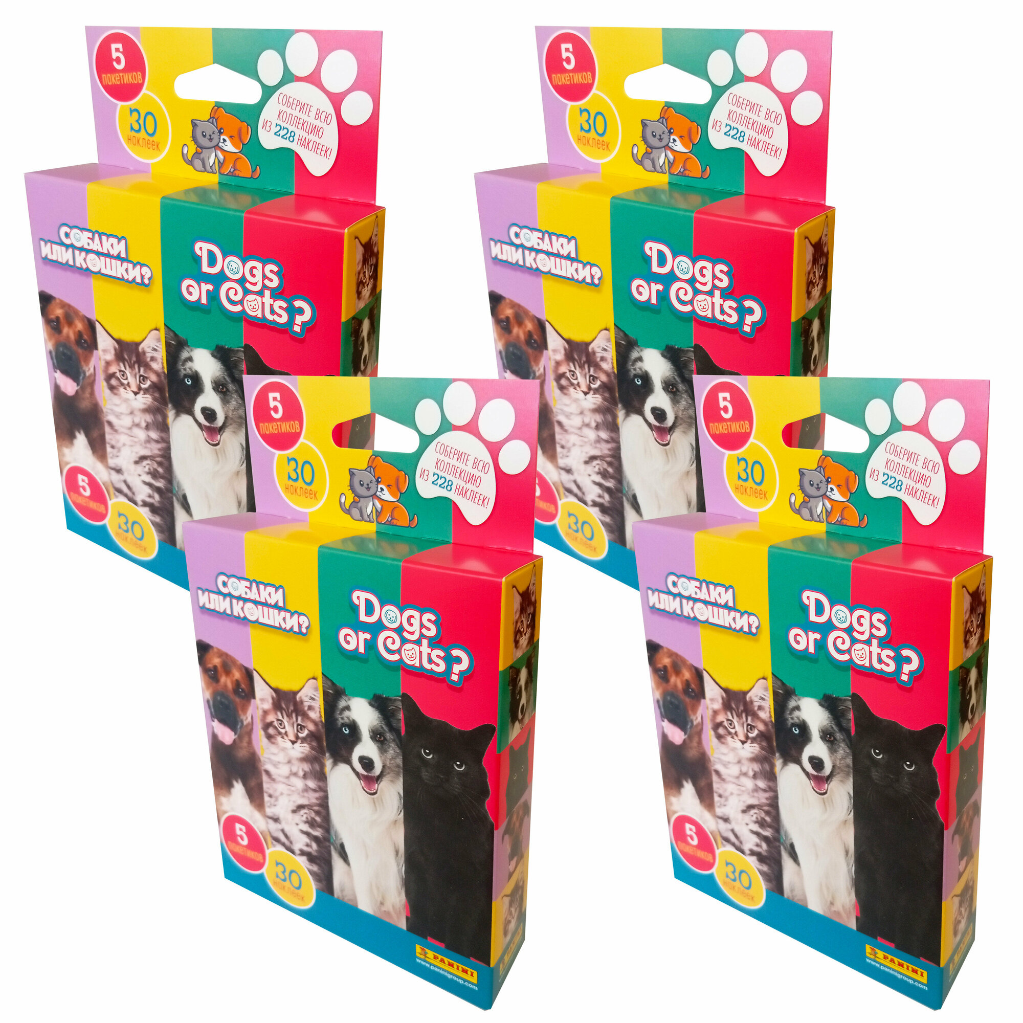 Набор из 4-х блистеров Panini DOGS OR CATS/ кошки ИЛИ собаки в картонной упаковке (20 пакетиков - 120 наклеек)
