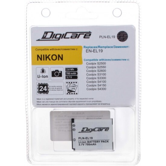 Аккумулятор для фотоаппарата Digicare PLN-EL19 / EN-EL19 для CoolPix S6400, S2500, S2550, S2600, S3100, S3300, S4300, S4150, S4100