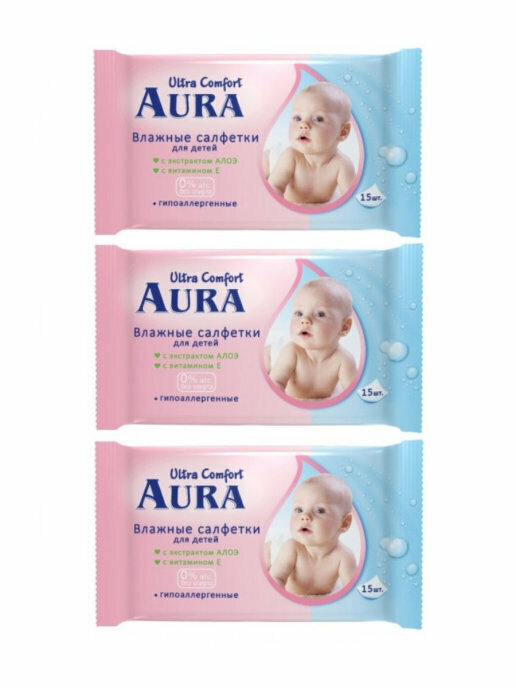 AURA Ultra Comfort Влажные салфетки для детей с алоэ и витамином Е, 100шт с крышкой/уп, 3 уп