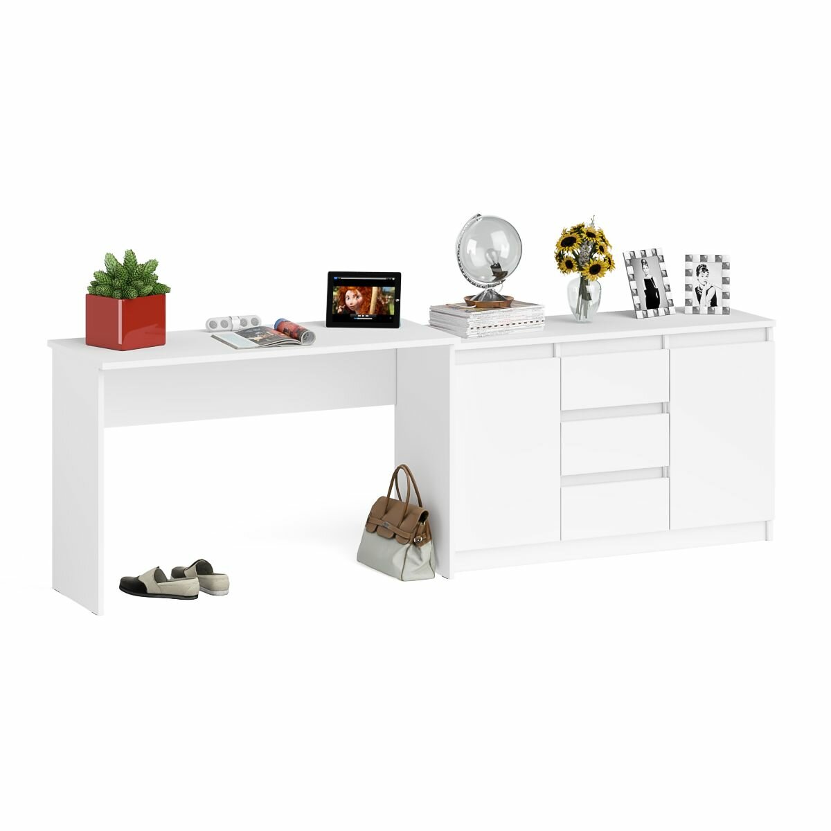 Письменный стол СВК Мори МК-1200-3 с комодом-тумбой цвет белый 2408х50х766 см.