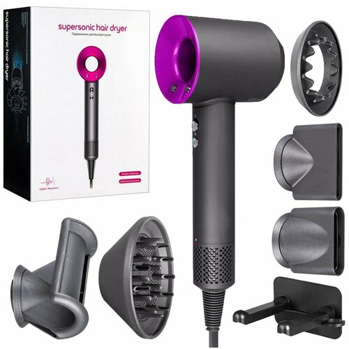 Профессиональный фен для волос Super Hair Dryer 1600 Вт 3 режима 5 магнитных насадок ионизация воздуха цвет фуксия 1699₽