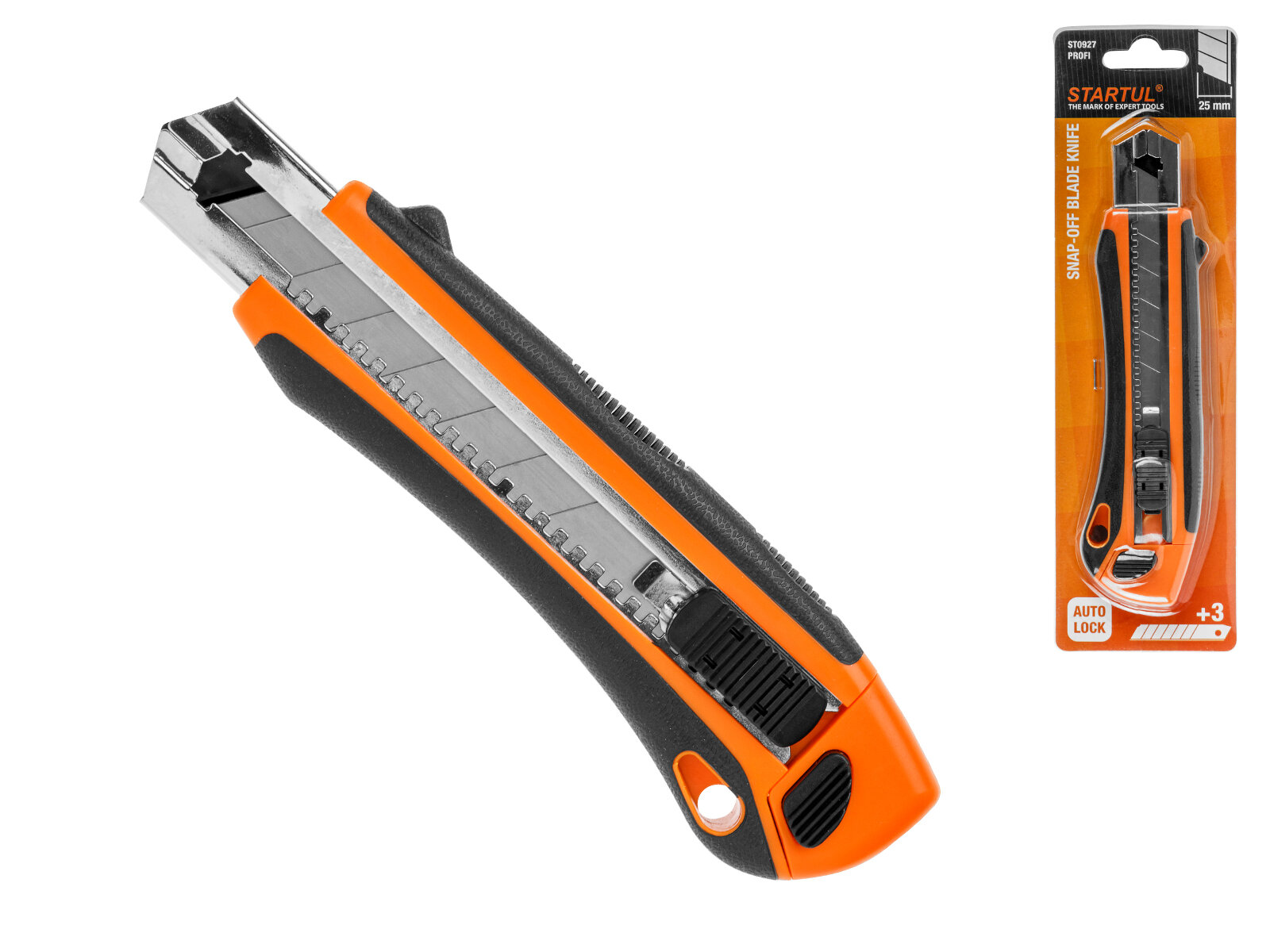 Нож канцелярский STARTUL PROFI ST0927, выдвижное лезвие 25мм, черный, оранжевый