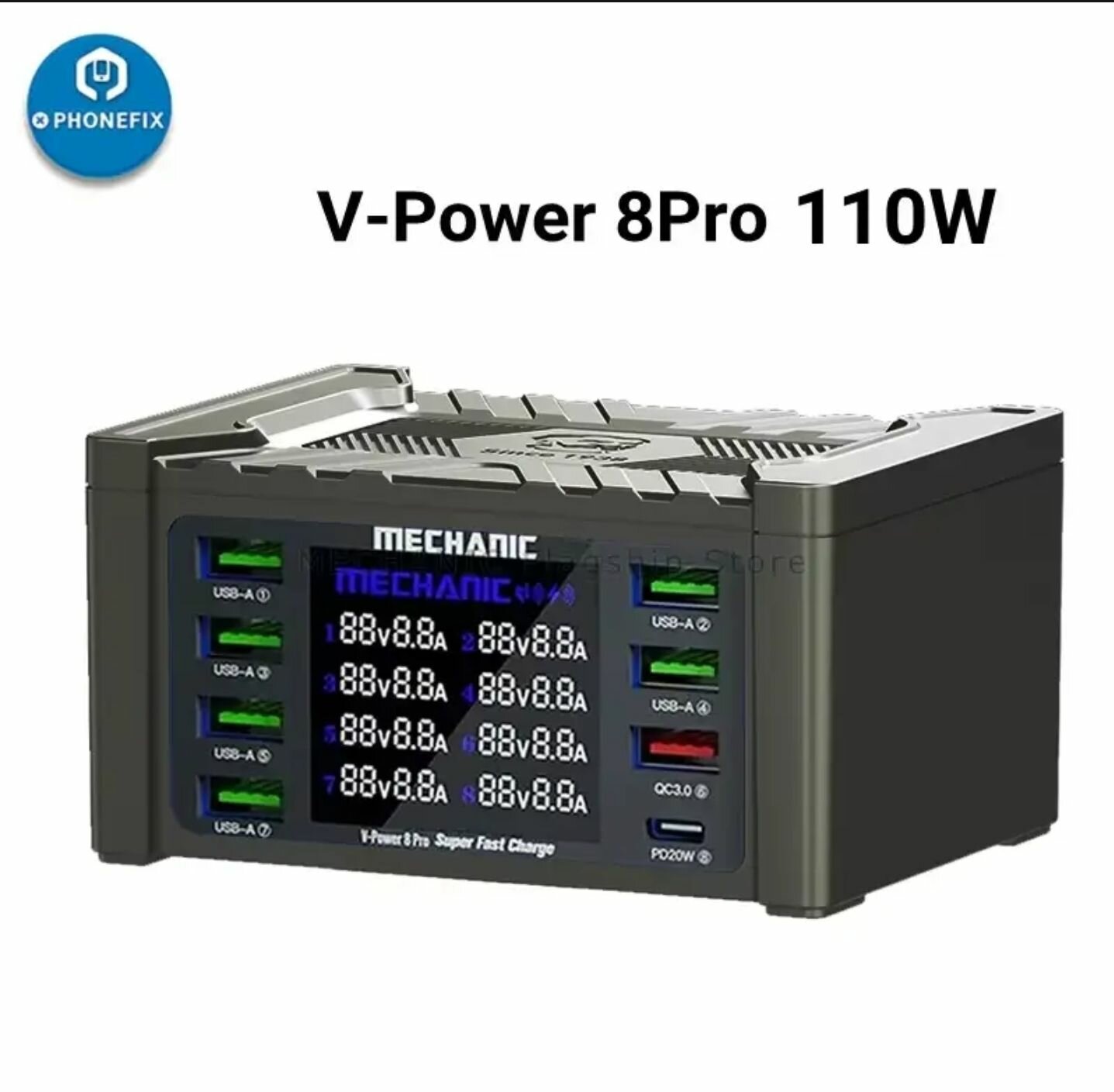Зарядная станция Mechanic V-Power 8 Pro (110W 6USB/USB-QC3.0/2Type-C-PD беспроводная зарядка 15W дисплей)