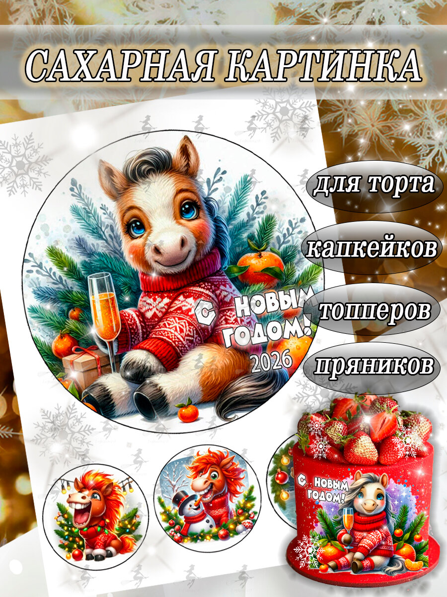 Сахарная картинка съедобная Новый Год и Рождество/Год лошади 2026 декор для торта и пряников кексов капкейков бенто