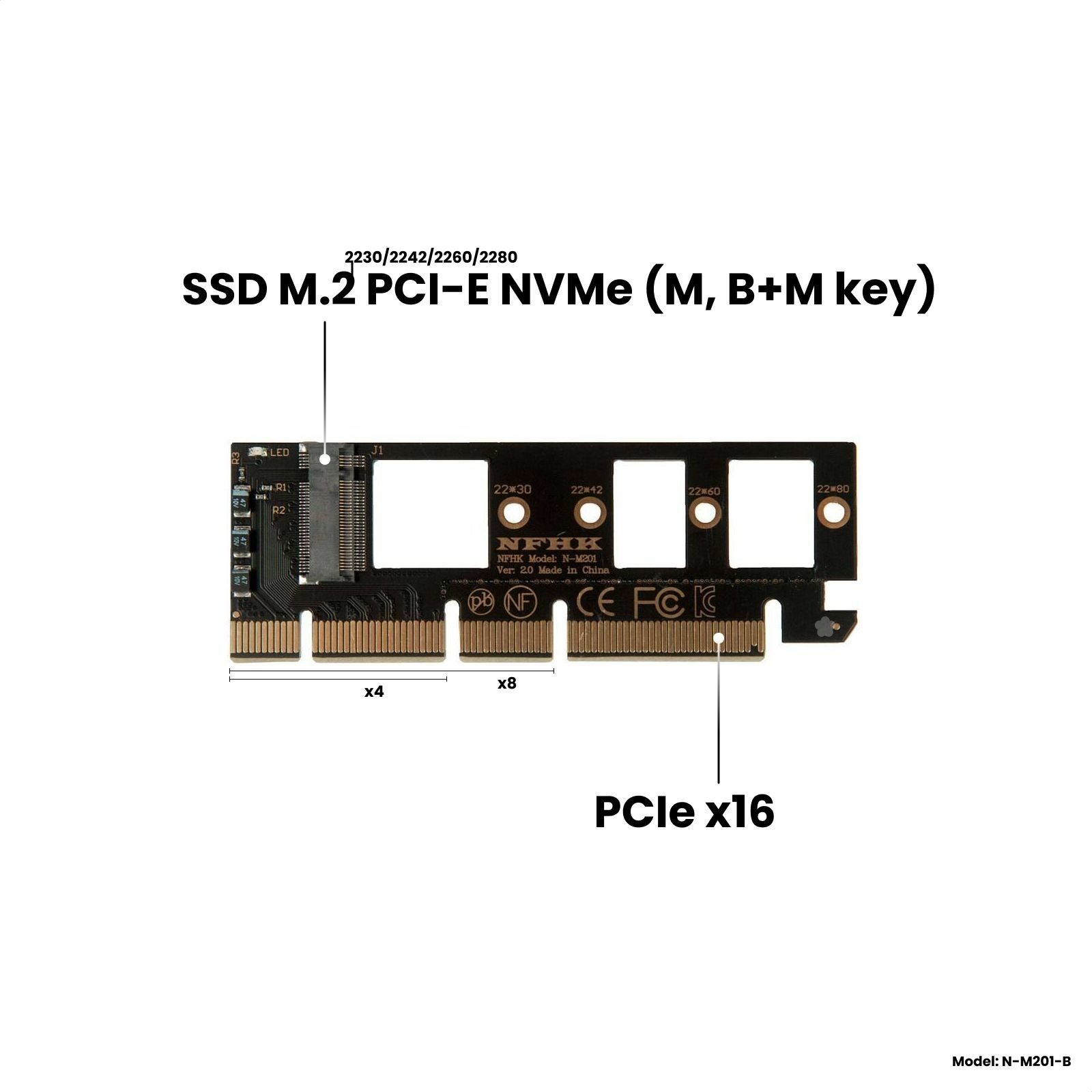 Адаптер-переходник (плата расширения) для установки SSD M.2 2230-2280 PCI-E NVMe (M B+M key) в слот PCI-E 3.0/4.0 x4/x8/x16 черный NHFK N-M201