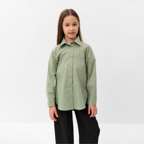 Школьная рубашка Minaku, прямой силуэт, на пуговицах, длинный рукав, без капюшона, воланы, без карманов, однотонная, размер 16, зеленый