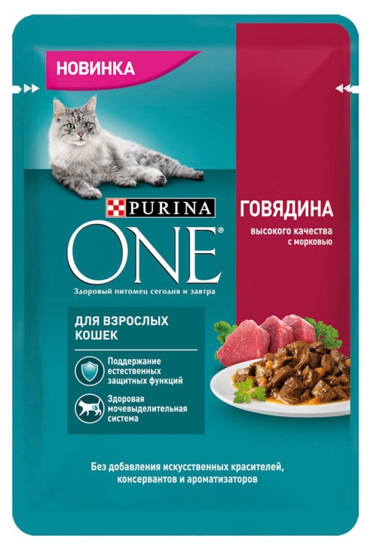 Влажный корм для кошек Purina ONE говядина, с морковью 75 г (кусочки в желе)