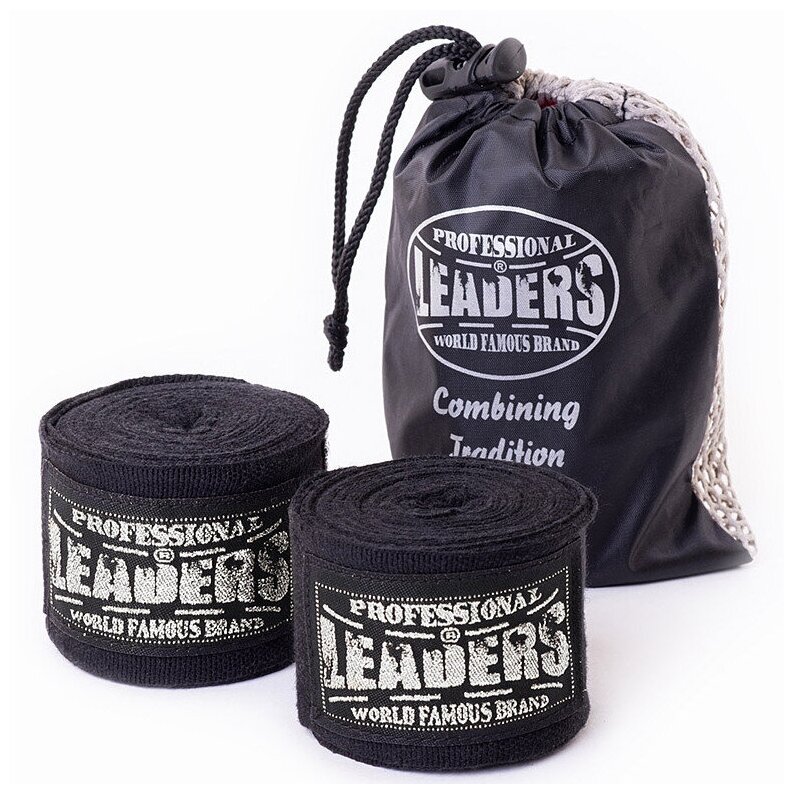 Бинты боксерские LEADERS Semi elastic (50% хлопок/50% эластан, черный) (3,5 метра)