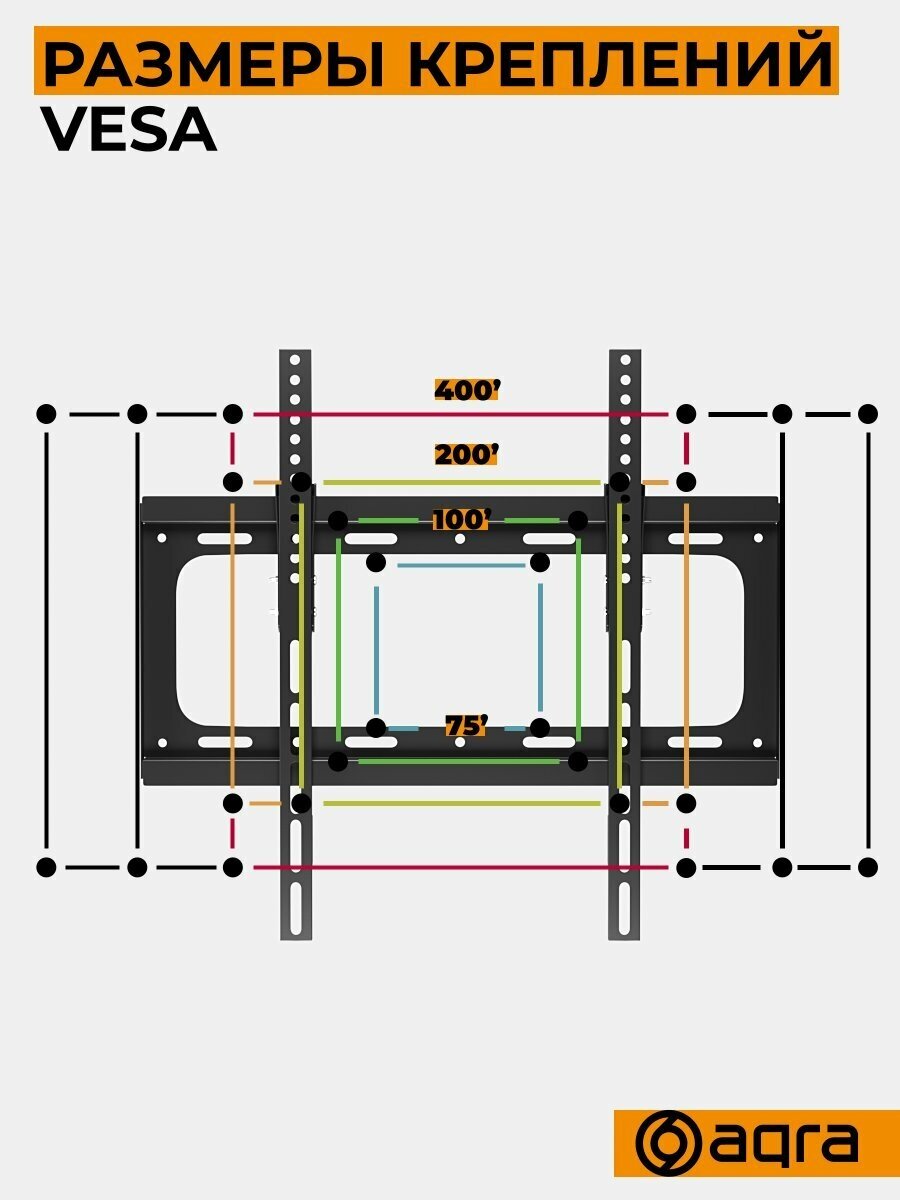 Кронштейн для телевизора AQRA под телевизоры VESA от 75х75мм до 400х400мм, черный, наклоняющийся
