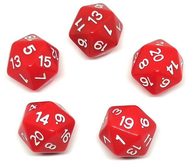 Двадцатигранный кубик (D20), 5 шт, красный (для DnD (ДнД), Pathfinder, настольных, трансформационных игр, обучению детей счету)