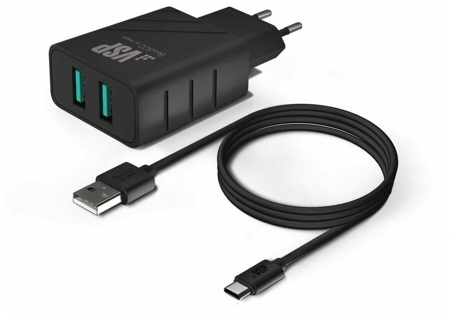 Сетевое зарядное устройство BORASCO 37264, 2xUSB, USB type-C, 2.4A, черный