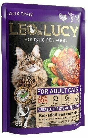 LEO&LUCY Пауч Корм консервированный для кошек Holistic Steril телятина и индейка с биодобавками в соусе, 85 гр * 32 шт - фотография № 1