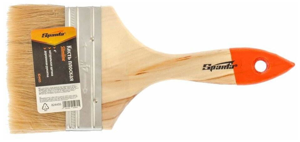 Кисть плоская Slimline 4" (100 мм), натуральная щетина, деревянная ручка Sparta 824455