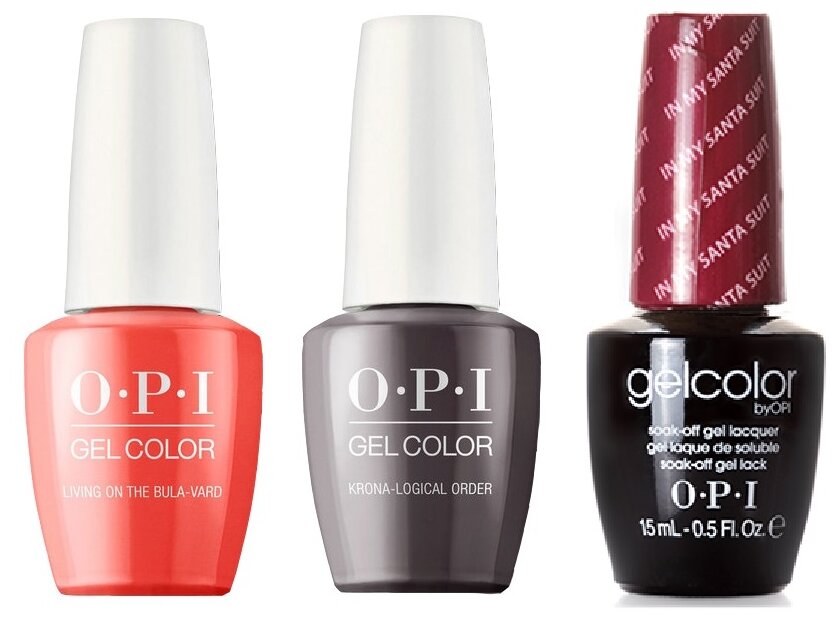 Гель-лак OPI GELCOLOR, Комплект 3 цвета. (1. Living On The Bula-vard! 2. In My Santa Suit 3. Krona-logical Order GC) Объем 15 мл.