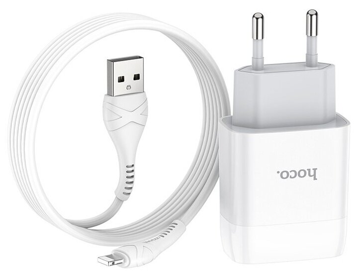 Hoco Сетевое зарядное устройство Hoco C73A, 2 USB - 2.4 А, кабель Lightning 1 м, белый