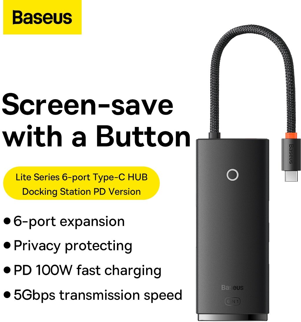 Хаб Baseus Lite Series 6-Port Type-C HUB Docking Station - Type-C to HDMI + USB30*2 + Type-C Data + SD/TF (WKQX050101)