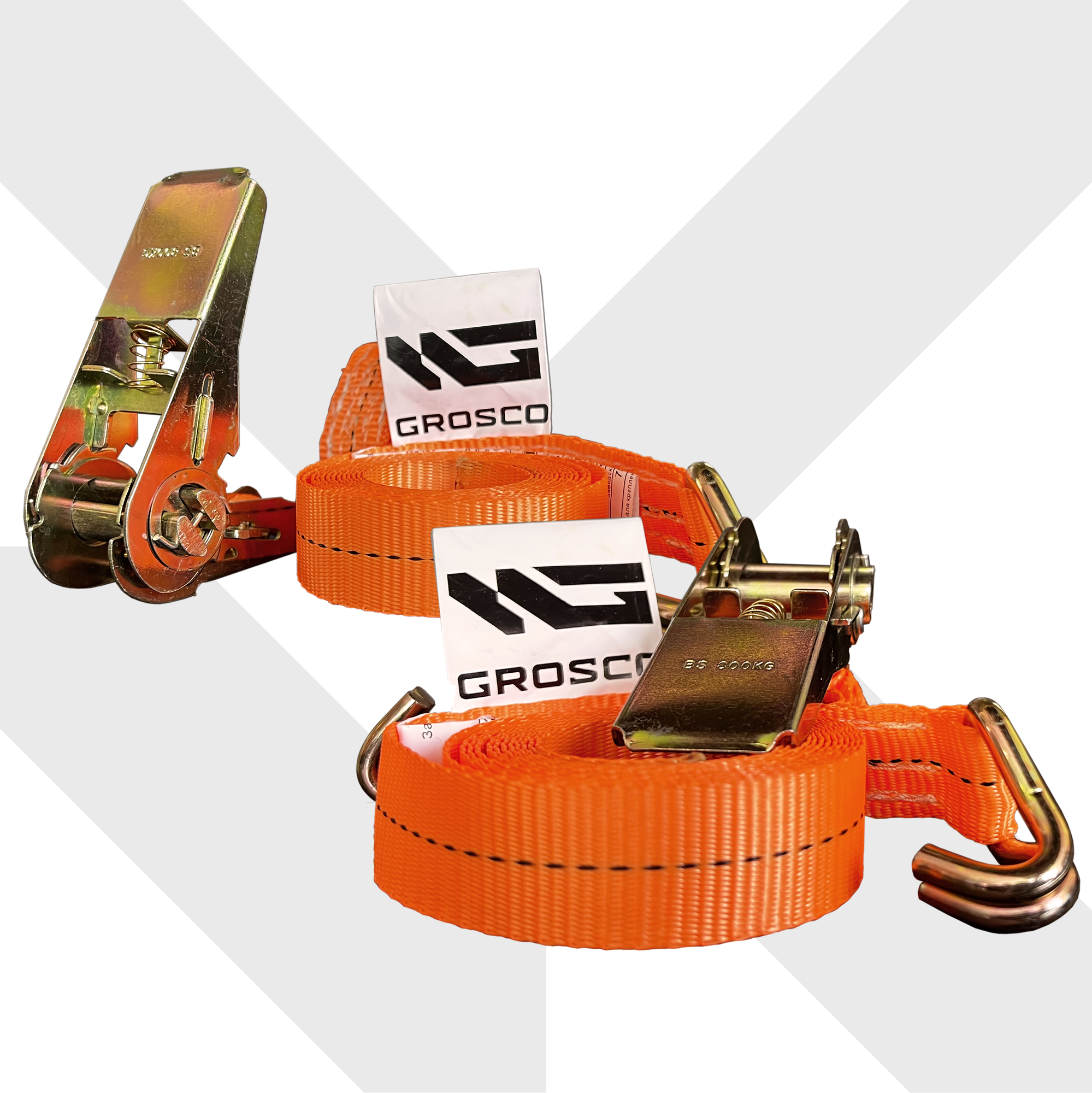 Комплект стяжных ременей с крюками (Комплект 2 шт) GROSCO 0.8т (1.6т) / 20м / 25мм для крепления груза с храповым механизмом