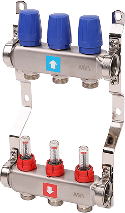 Коллектор из нержавеющей стали для теплого пола в сборе MVI на 3 вых, арт. MS.503.06
