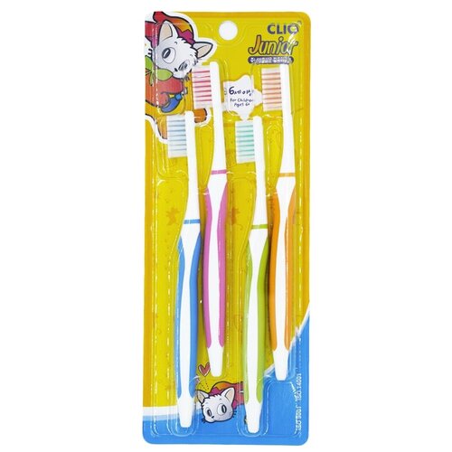 Купить Набор детских зубных щеток Clio New Junior Clio Normal Toothbrush 4, 4 шт, голубой/оранжевый/розовый/зеленый