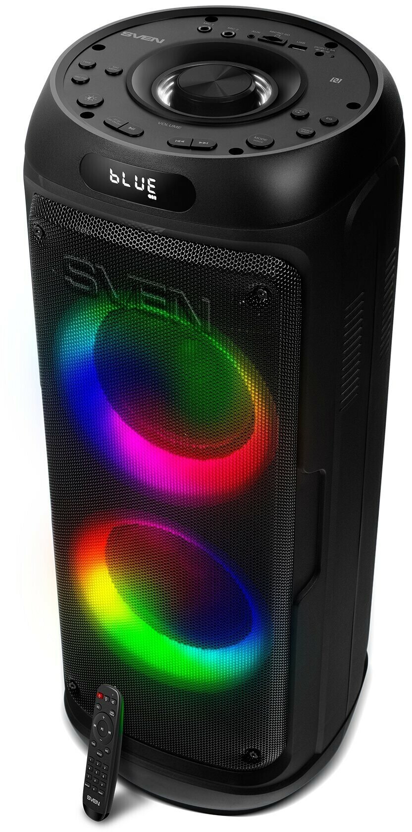 Мобильные колонки SVEN PS-770 2.0 чёрные (2x50W, mini Jack, USB, Bluetooth, FM, micro SD, NFC, LED-дисплей, ПДУ, 4400 мA, LED подсветка)