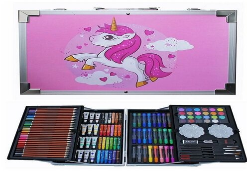 Набор Юного художника для детского творчества в алюминиевом кейсе. Набор для рисования в металлическом чемодане Розовый.