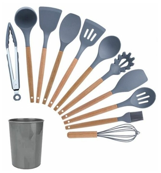 Набор кухонной утвари с подставкой - дерево/силикон, 12 предметов / Набор лопаток, шумовок, половников, кулинарных ложек