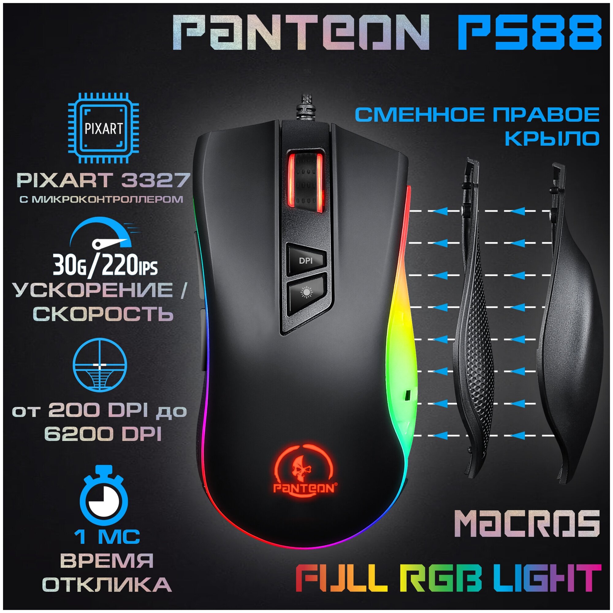 Игровая программируемая мышь-трансформер со сменным крылом и подсветкой RGB CHROMA LIGHT PANTEON PS88