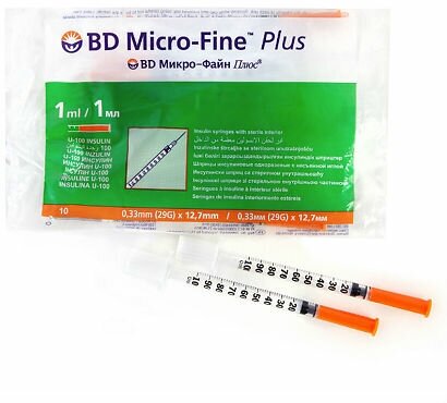 Шприц BECTON Micro-Fine Plus инсул U100 1мл (0,33x12,7мм/29G) N10