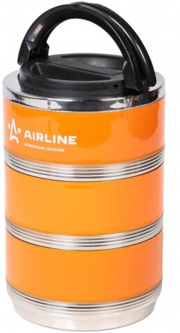 Термос ланч-бокс для еды с ручкой, нерж. сталь (304), 3 контейнера, 2,1 л., оранж./черн. AIRLINE - фото №2