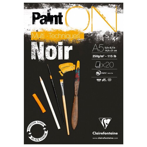 Альбом для смешанных техник А5, 20л Clairefontaine Paint'ON Noir (250 г/кв. м, черная, на склейке) (975168C), 4шт.