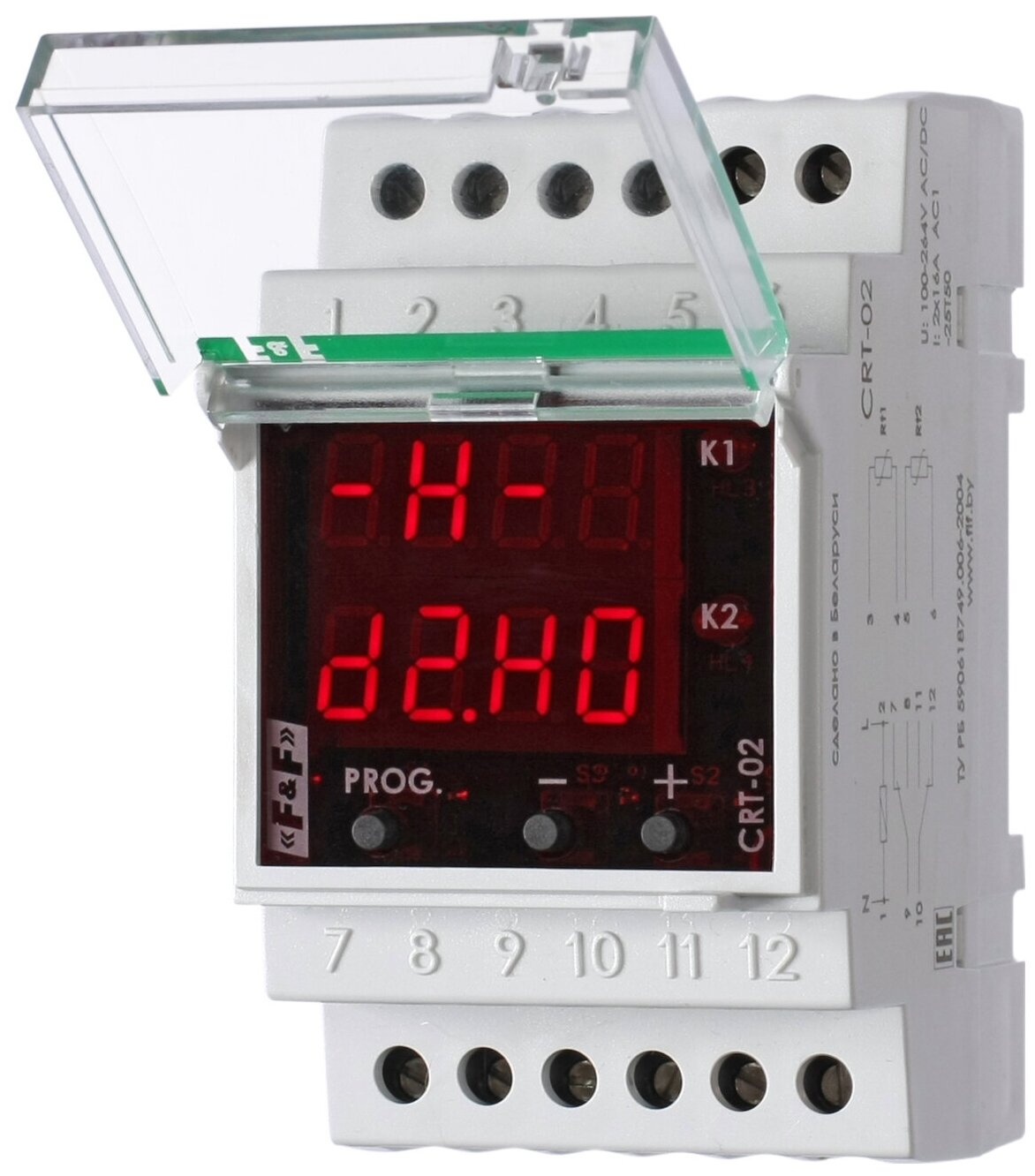 Регулятор температуры F&f , CRT-02 напряжение питания 100-264 В AC/DC диапазон от -50 до +150 гр., Гистерезис 0,5-25°С, Контакт 2NO/NC, максимальный ток 16 А., EA07.001.015