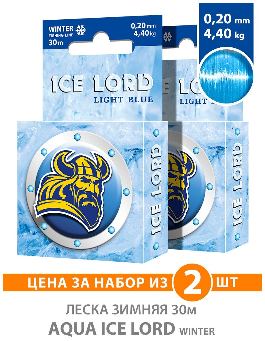 Леска для рыбалки зимняя AQUA Ice Lord Light Blue 0.20mm 30m цвет - светло-голубой 4.4kg 2шт