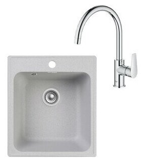 Кухонная мойка и смеситель GranFest Quarz GF-Z17, Grohe BauEdge 31367001 с сифоном, серая