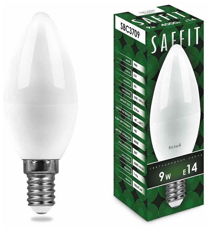 Лампочка светодиодная Saffit 9W=90W 230V E14 Свеча C37 810Лм Ra>80 4000К, упаковка 10шт.