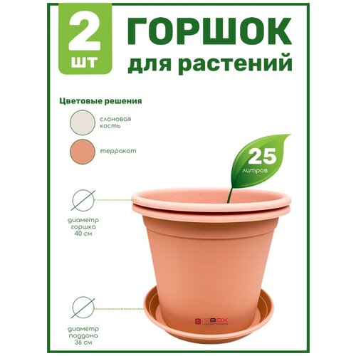 Горшок пластиковый с поддоном для растений, цветов терракотовый. Кашпо круглое для дома цветочное 25л, набор 2 шт, SBOX