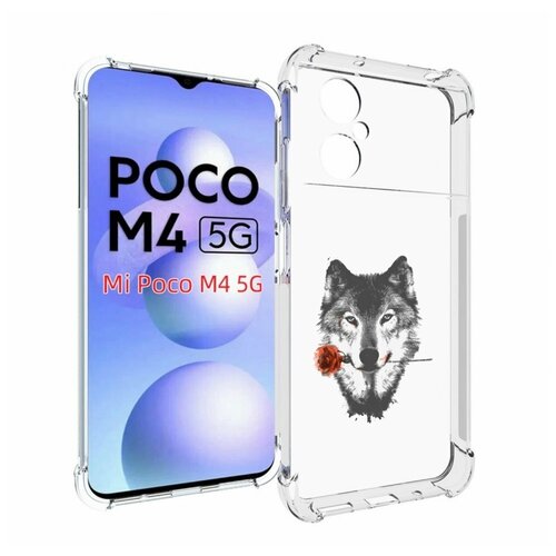 Чехол MyPads волк с розой для Xiaomi Poco M4 5G задняя-панель-накладка-бампер