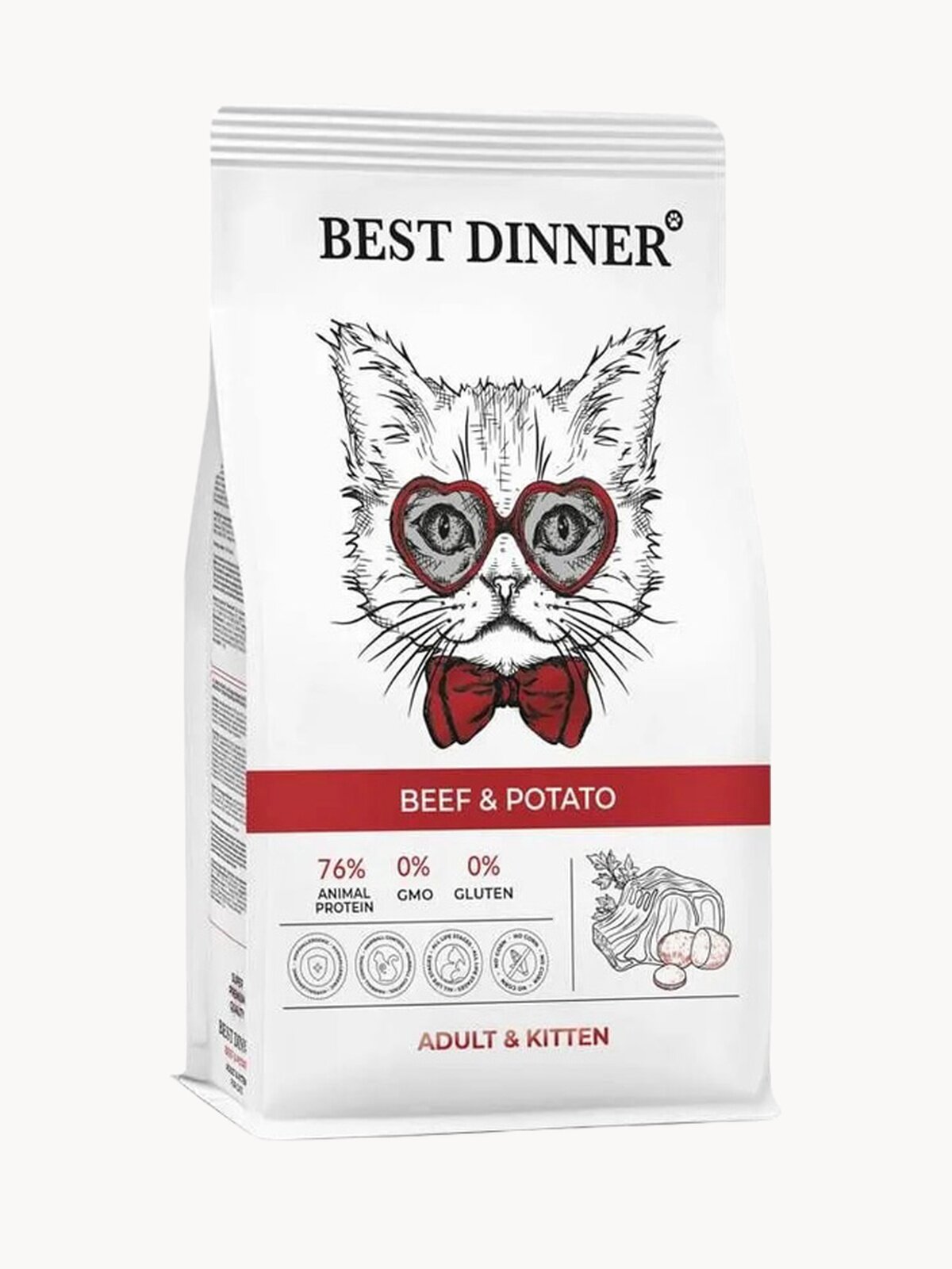 Корм сухой для котят и взрослых кошек супер премиум класса с говядиной и картошкой при чувствительном пищеварении и аллергии 1,5кг Best Dinner (Бест Диннер)