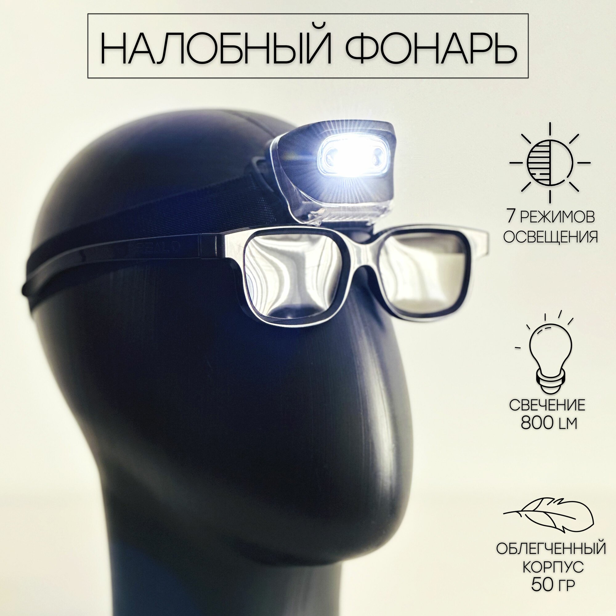 фото Фонарь налобный спортивный / Мощный супер яркий светодиод / Водонепроницаемый фонарик для бега, туризма, кемпенга, рыбалки, охоты, велоспорта