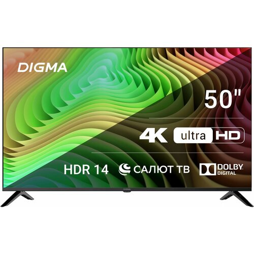 Телевизор LED Digma 50 DM-LED50UBB40 Салют ТВ Frameless Metal черный 4K Ultra HD 60Hz DVB-T DVB-T2 DVB-C DVB-S DVB-S2 USB WiFi Smart TV 29590₽