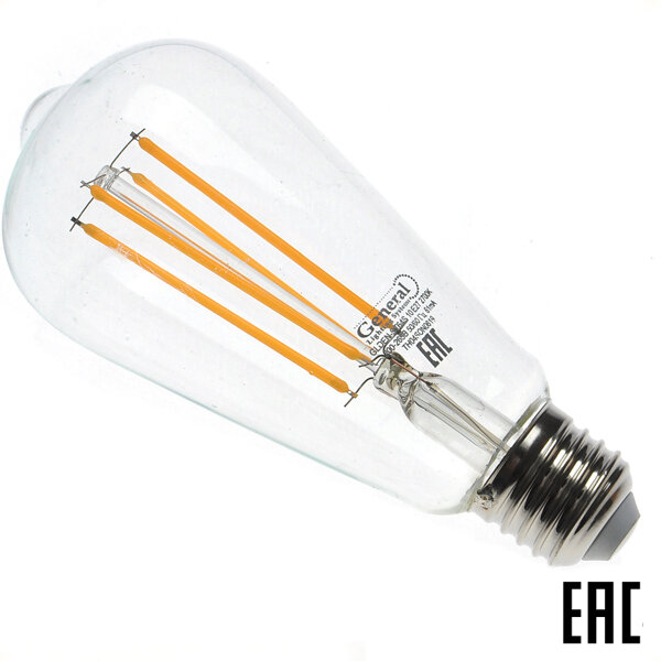 Лампа филаментная светодиодная General 7Вт Filament прозрачная E27 2700К 