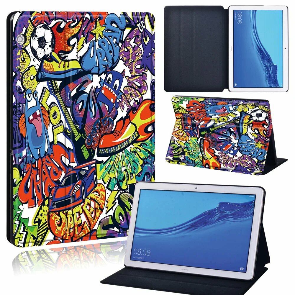Чехол для планшета Huawei MediaPad T5 10 10,1 дюйма, кожаный чехол-подставка + бесплатный стилус, graffiti002, MediaPad T5 10 10.1